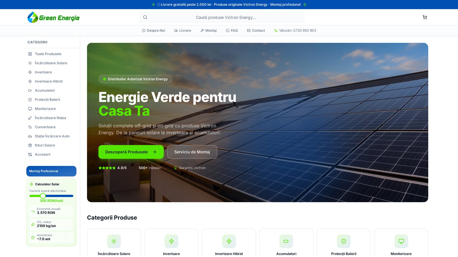 Green Energie — Platformă e-commerce pentru sisteme fotovoltaice Victron: catalog tehnic, calculator solar, montaj, checkout — totul într-un singur flux.