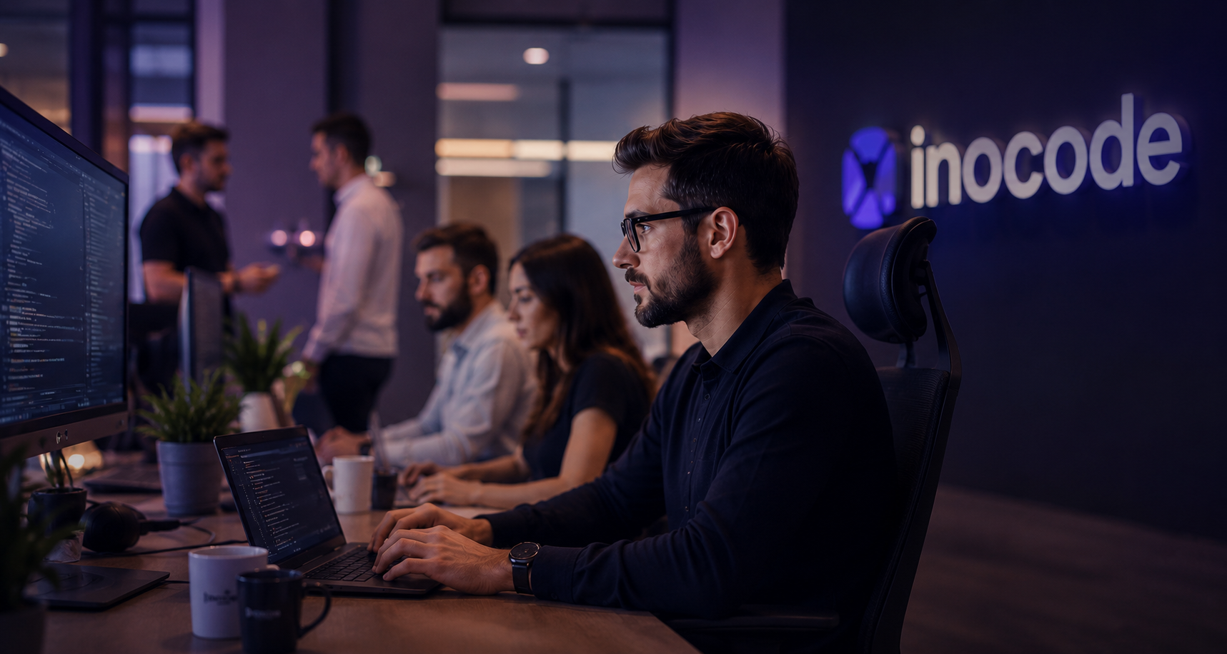 Echipa Inocode colaborând într-un birou modern