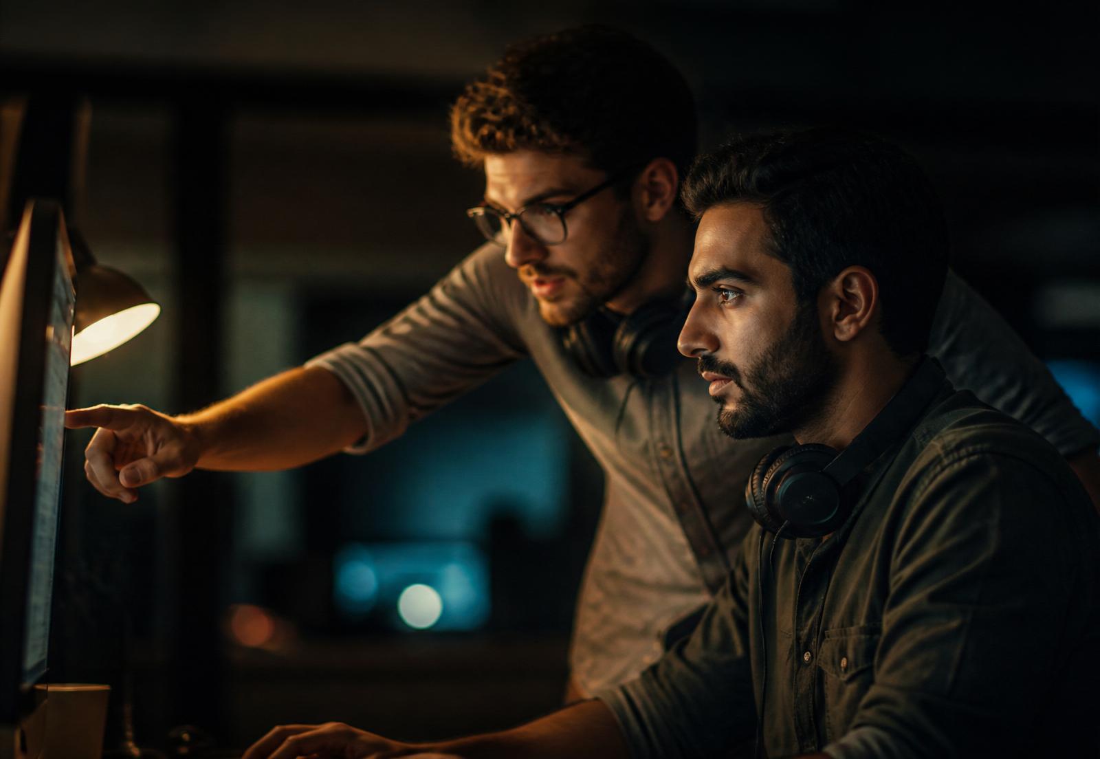 Doi ingineri Inocode colaborând la un monitor, seara, într-un studio